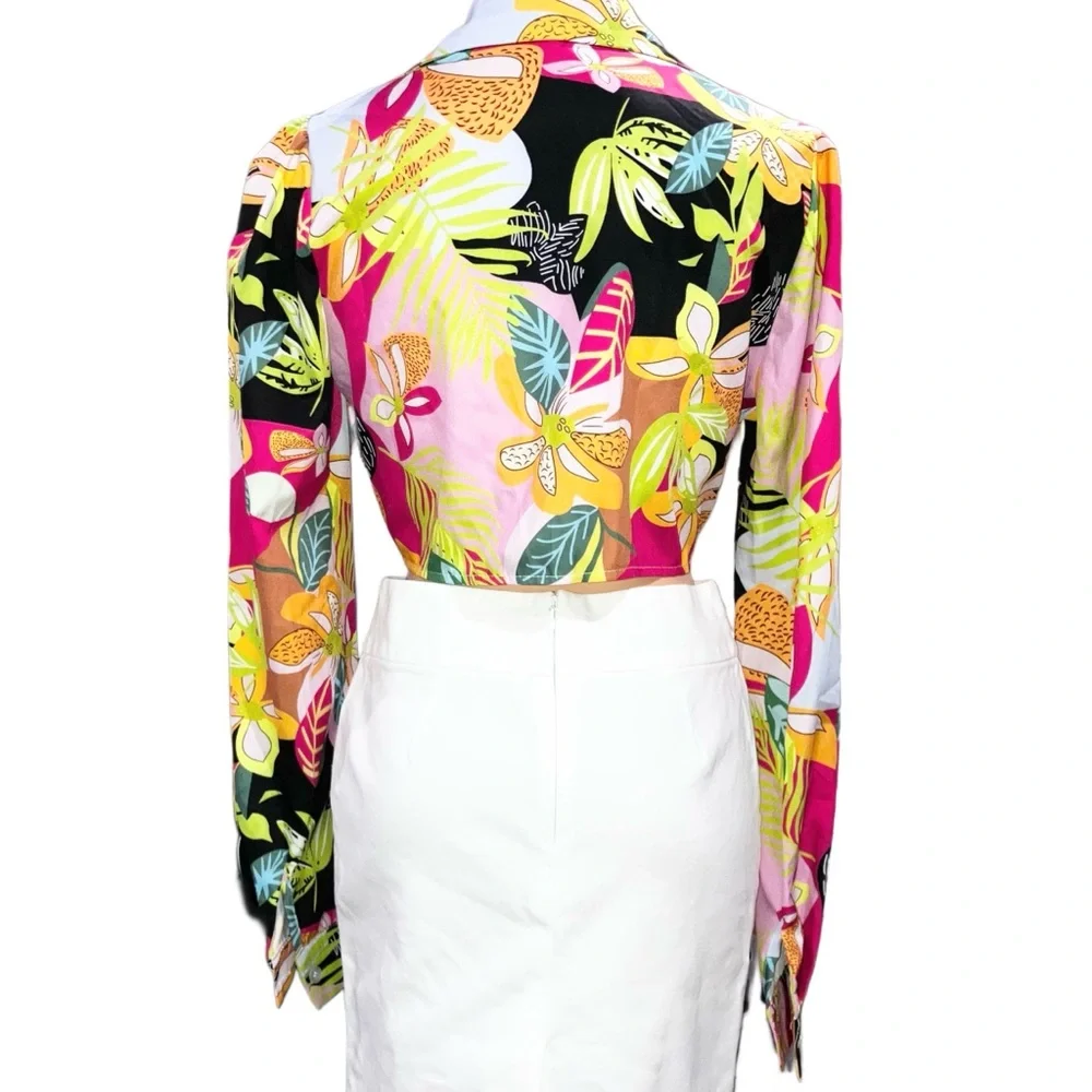 Metamorphosis Girl Tropical Floral Crop Top Blouse Long Sleeve Button Up Sz M